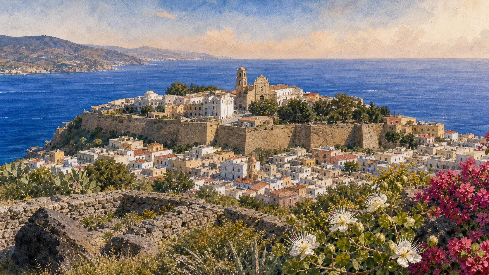 Documentary watercolour of Lipari Castle and Cathedral above the town, with obsidian and caper flowers in the foreground