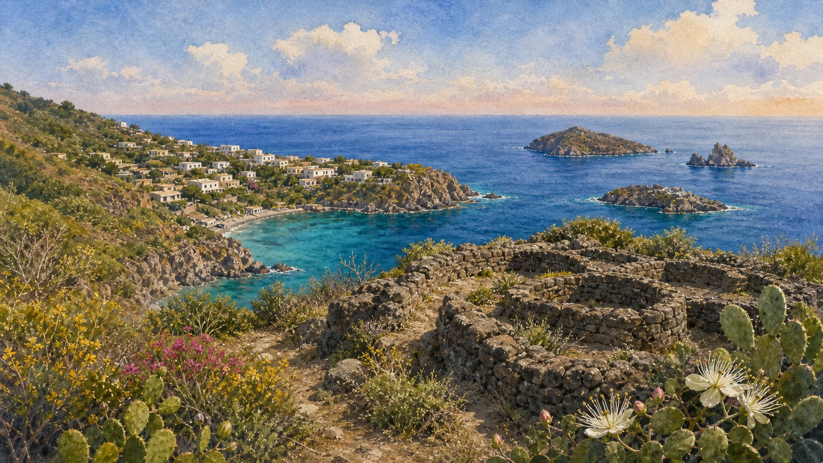 Documentary watercolour of Bronze Age stone huts at Punta Milazzese above Cala Junco and Panarea's offshore islets