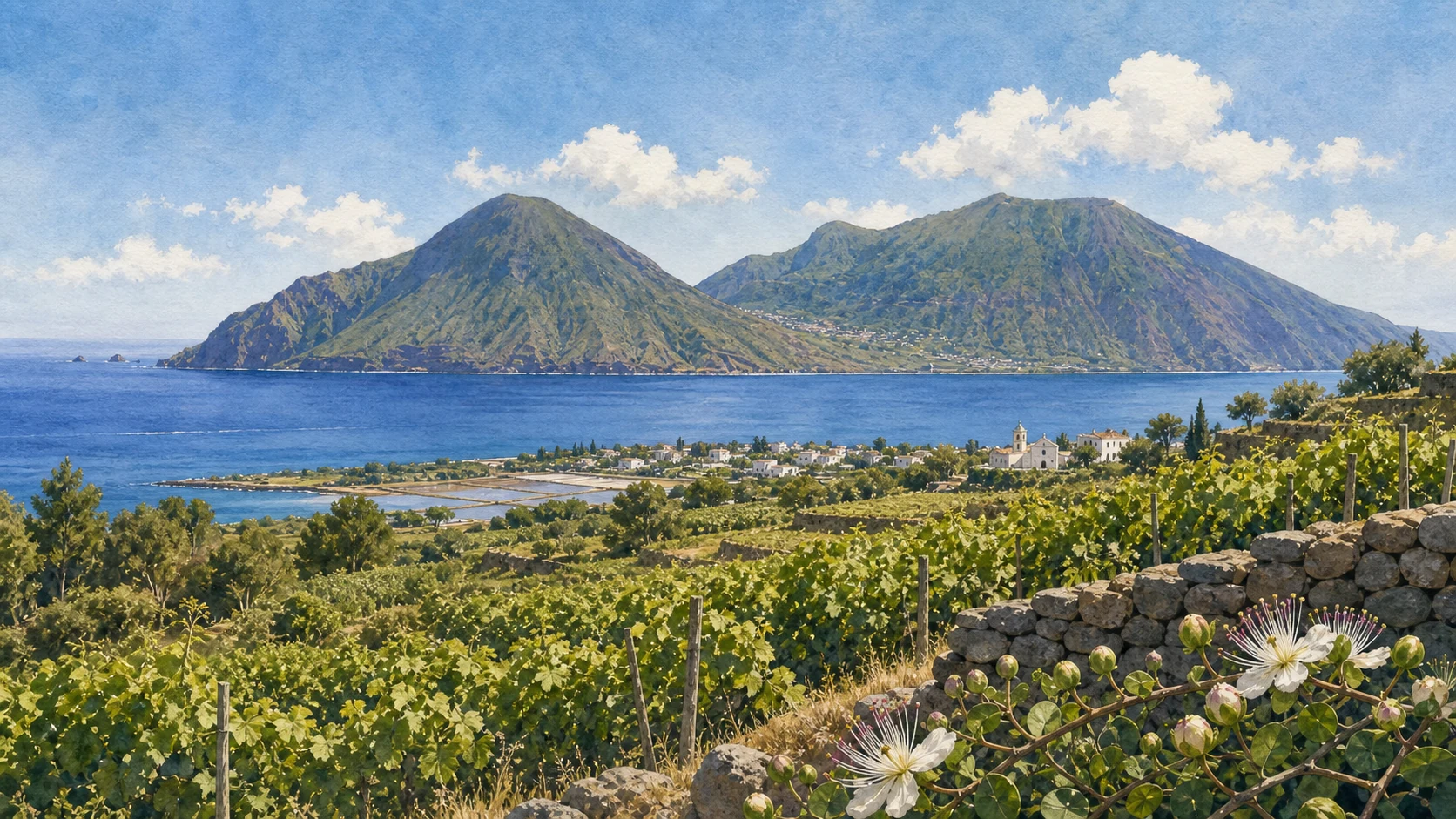 Documentary watercolour of Salina's twin mountains above vineyards, caper flowers, stone terraces and the Lingua lagoon