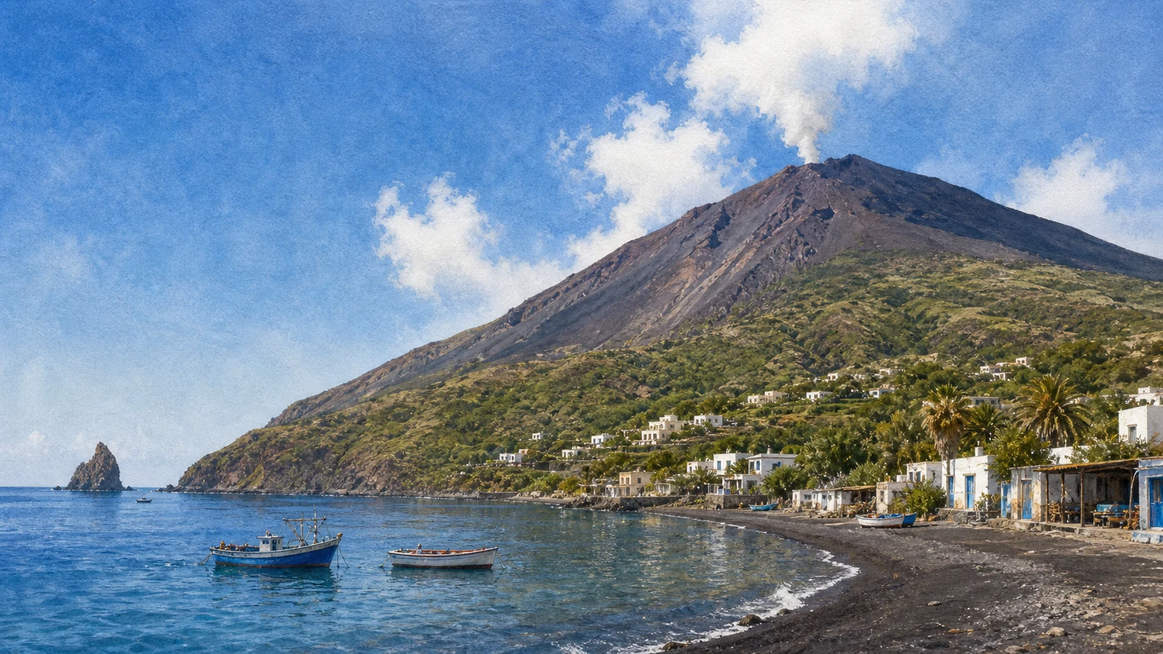Documentary watercolour of Stromboli's inhabited cone, dark Sciara del Fuoco, black shore and distant Strombolicchio