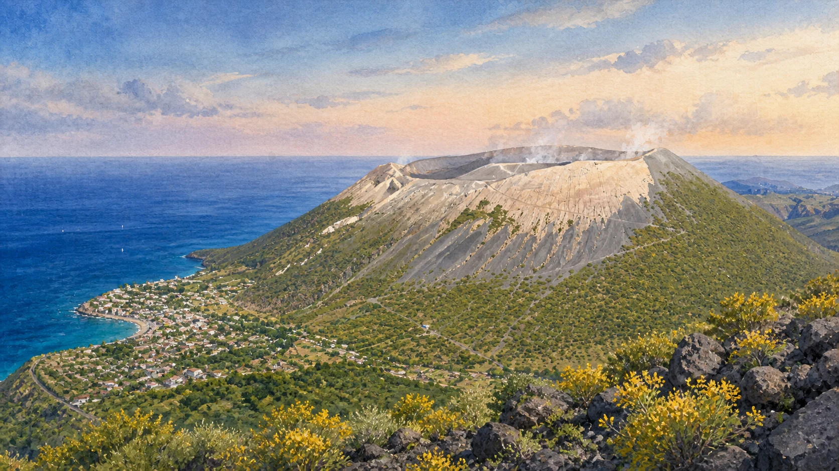Documentary watercolour of the pale Fossa cone above Porto on Vulcano, with black volcanic rocks and yellow broom