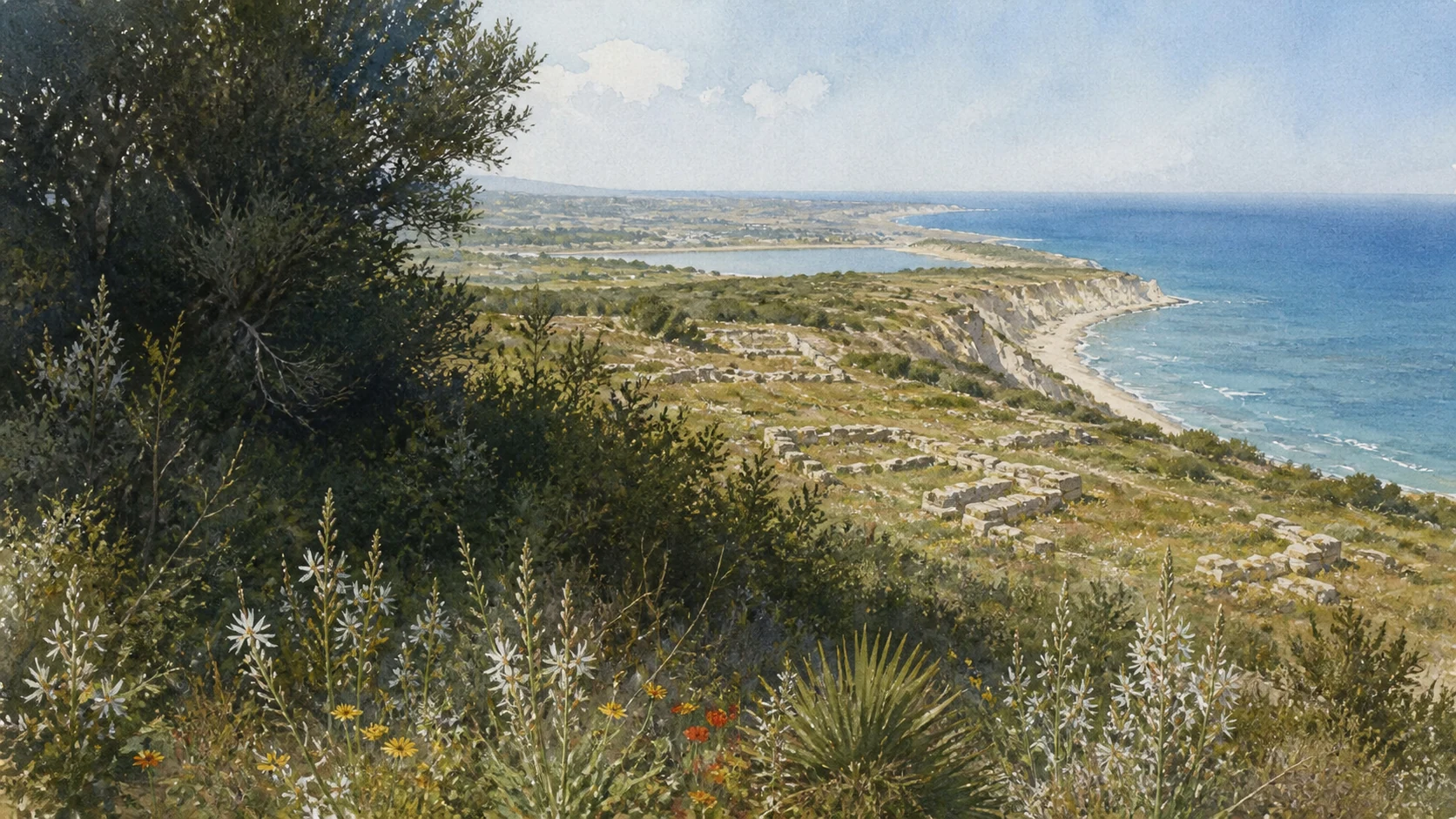 Documentary watercolour of the white Capo Bianco promontory, low ruins of Eraclea Minoa, Mediterranean vegetation and the sea