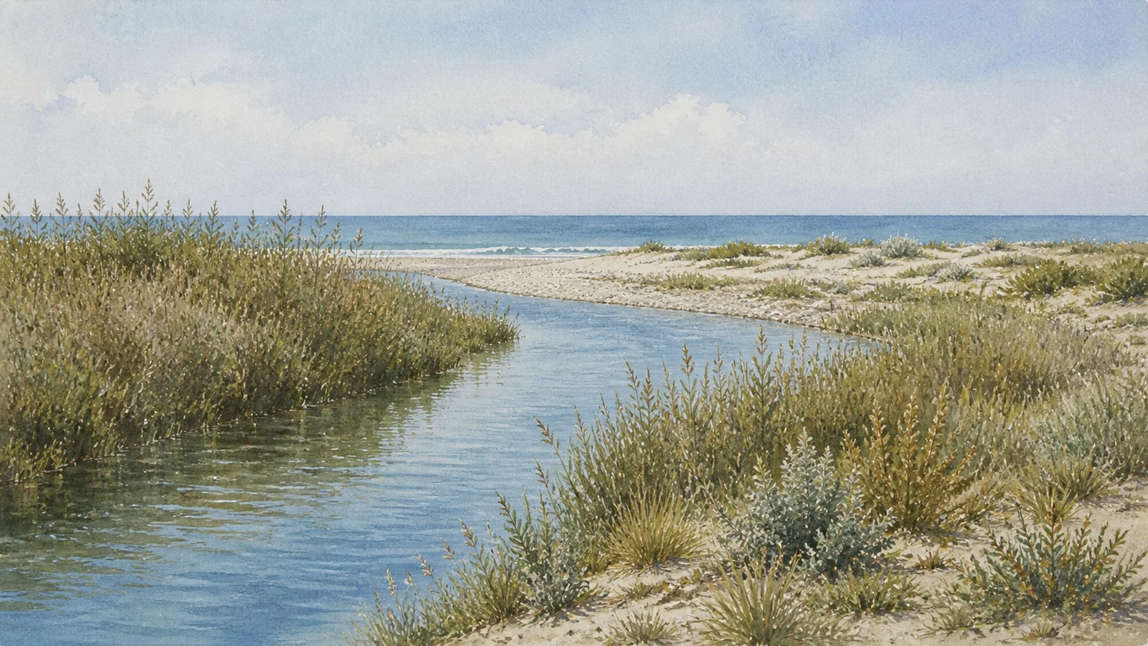 Documentary watercolour of the Platani river mouth near Eraclea Minoa with calm reed-lined water, pale shingle bar, low dunes and the Mediterranean beyond
