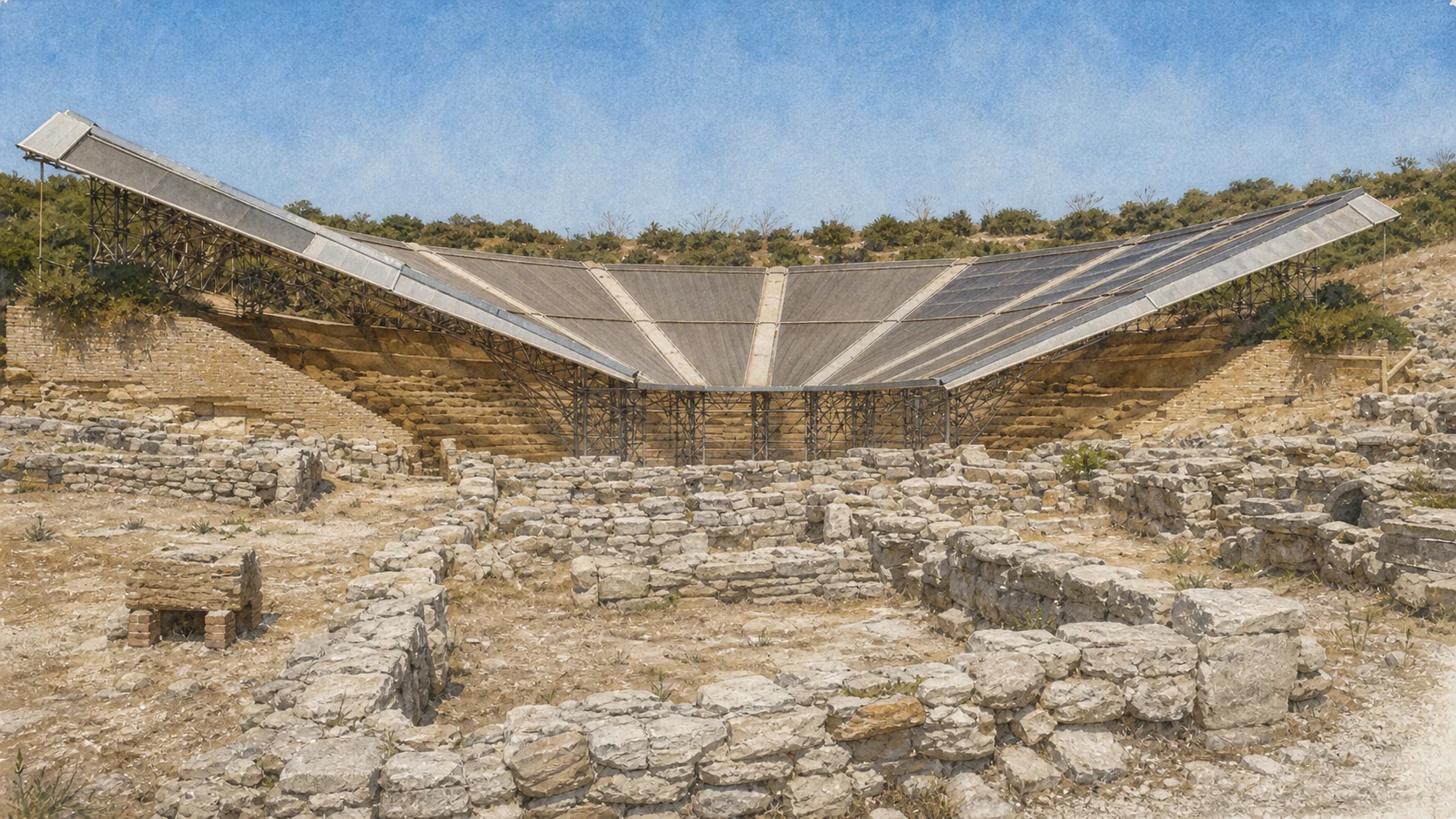 Documentary watercolour of Eraclea Minoa's theatre beneath its angular modern protective canopy, with vulnerable stone seating and low archaeological rooms in front