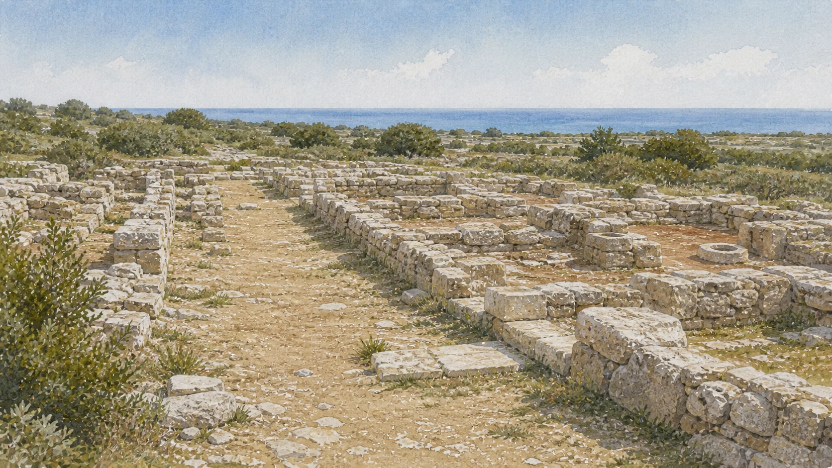 Documentary watercolour of Eraclea Minoa's low urban foundations on the pale plateau, with orthogonal paths, house courts, cistern openings and the distant sea