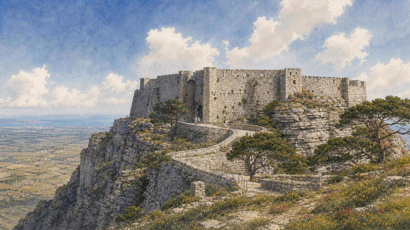 Documentary watercolour of the low broad Castle of Venus on Erice's rocky summit with its stone approach and the western Sicilian landscape far below