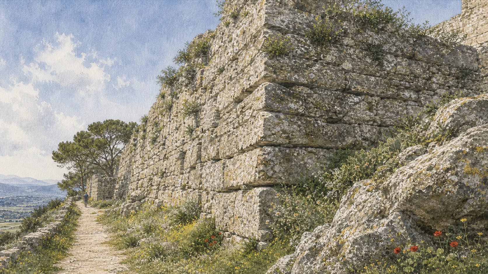 Documentary watercolour of Erice's Elymian-Punic wall with massive weathered horizontal stone courses, a narrow path and spring wildflowers