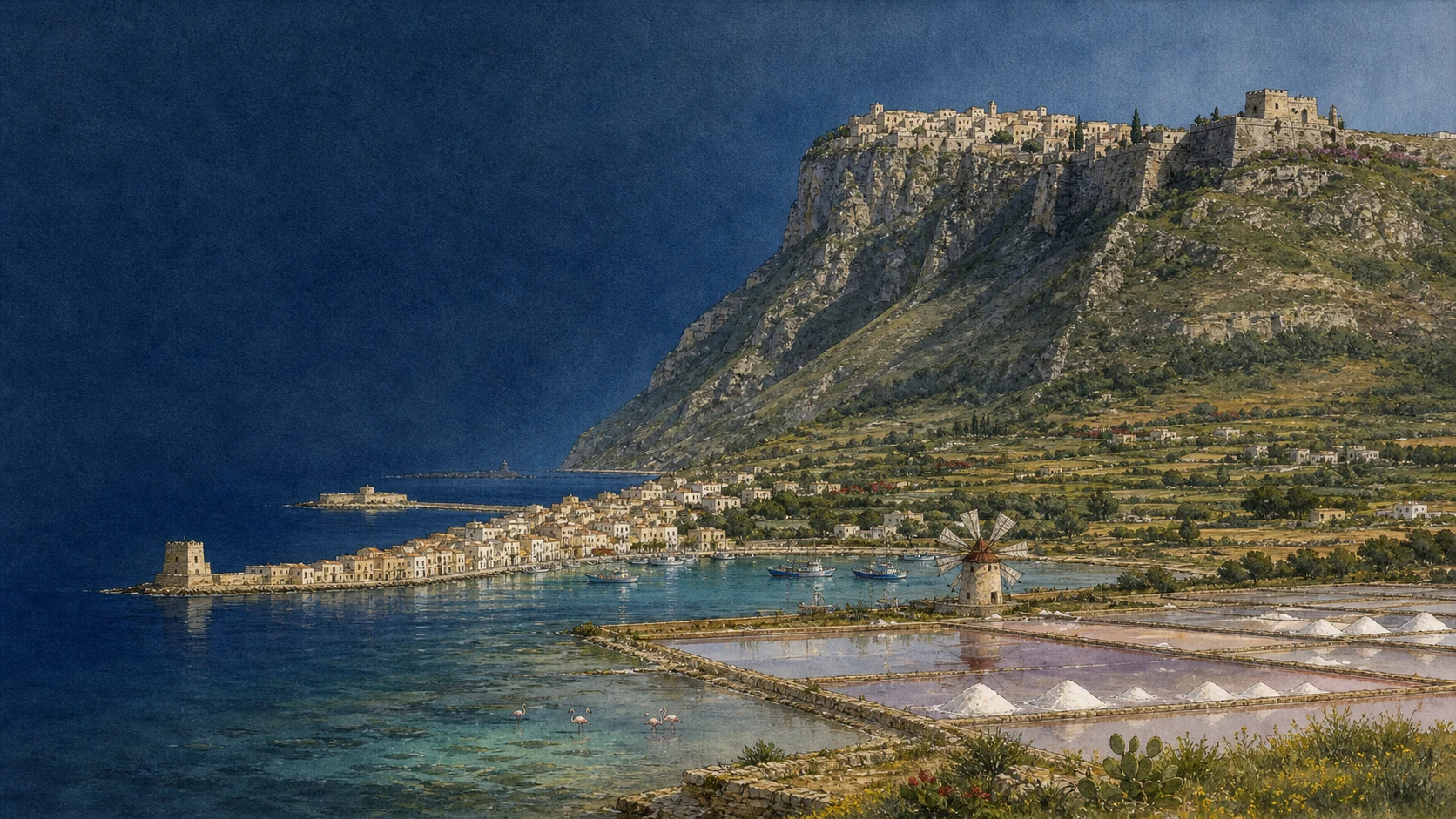 Documentary spring watercolour linking Erice on its real mountain with Trapani's sickle-shaped coast, Torre di Ligny, harbour, salt pans and windmills