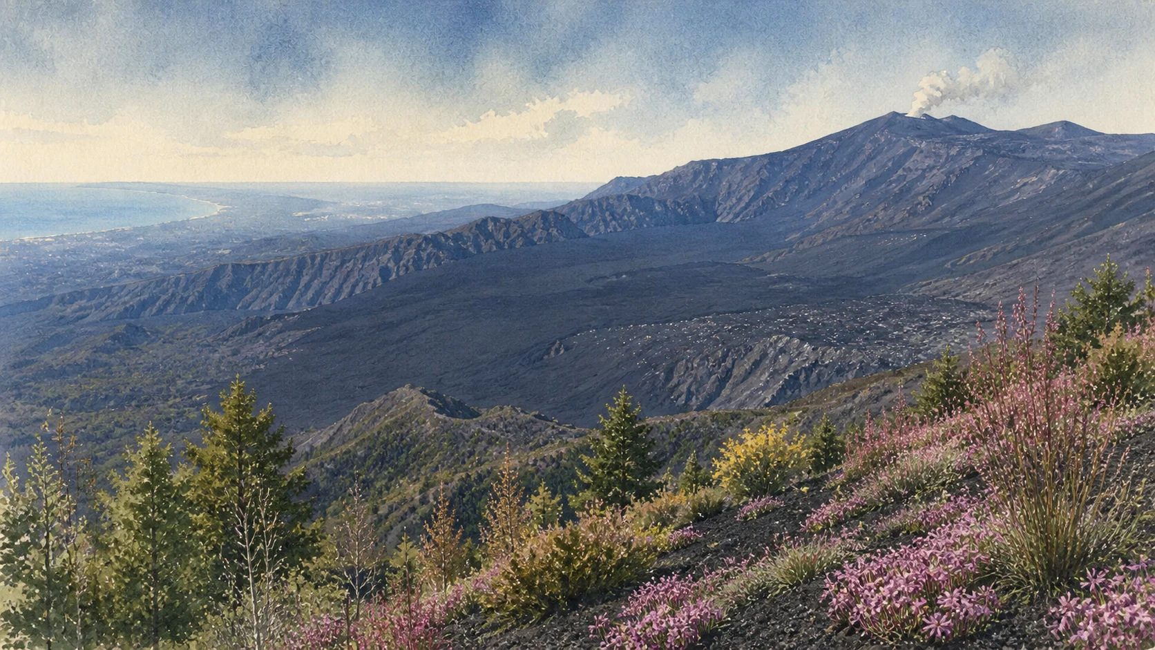 Documentary watercolour of Mount Etna from the eastern slopes, with a quiet summit plume, the dark floor of Valle del Bove, birch woodland and cultivated terraces