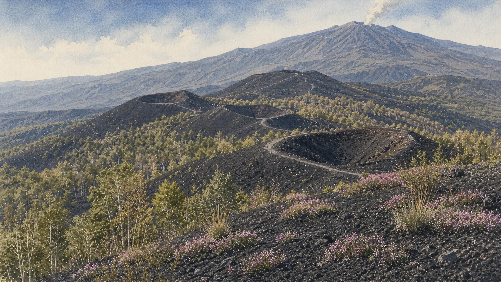 Documentary watercolour of Etna's Monti Sartorius with black scoria cones, rim paths, native birch woods, pink soapwort and the distant summit