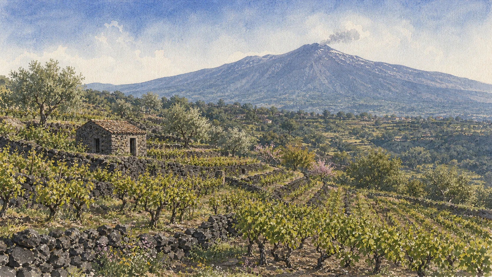 Documentary watercolour of terraced Etna vineyards with dry lava-stone walls, low vines, a small rural shelter and the broad volcano beyond