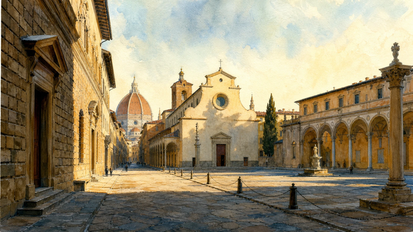 Original documentary watercolour panorama linking Via Ricasoli, San Marco and Santissima Annunziata