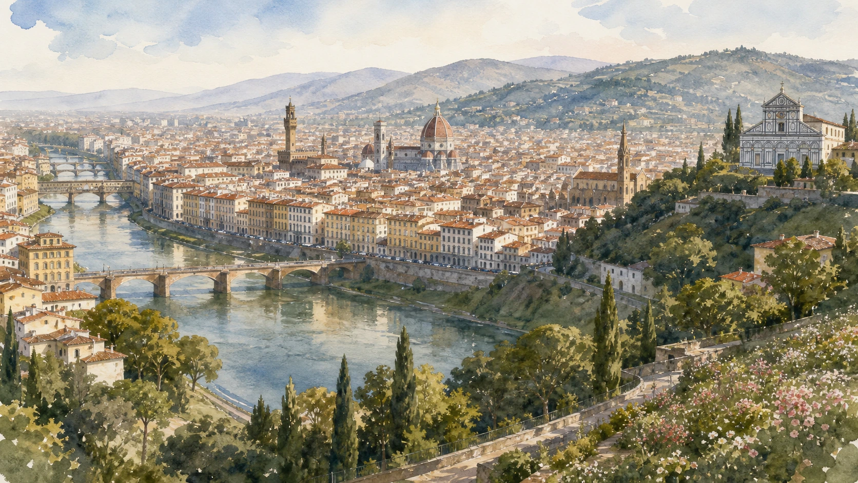 Original documentary watercolour panorama joining the Arno, San Miniato hill and Fiesole