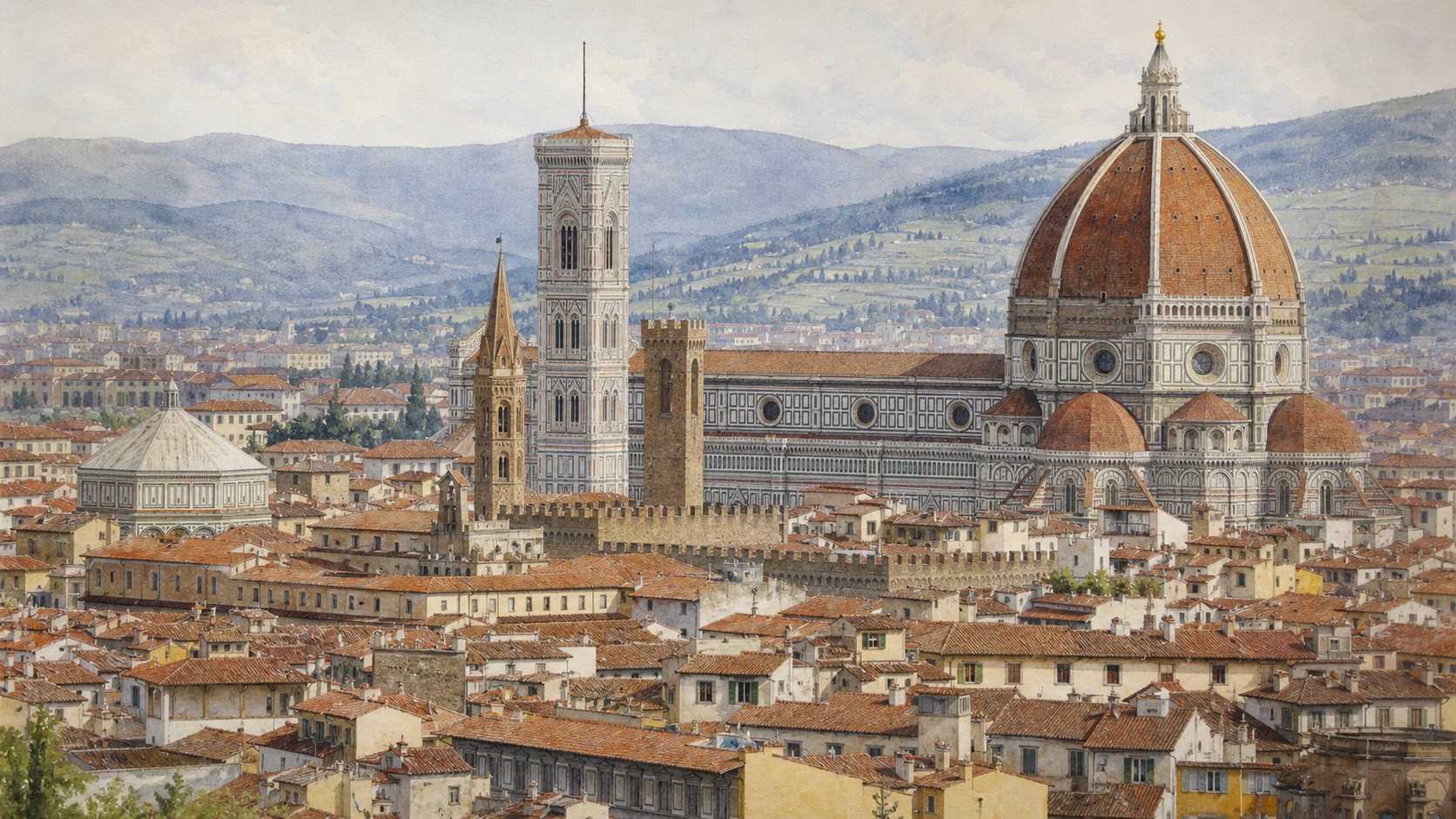 Original documentary watercolour panorama of Florence Cathedral, Brunelleschi's dome, Giotto's campanile, the Baptistery and the surrounding historic centre