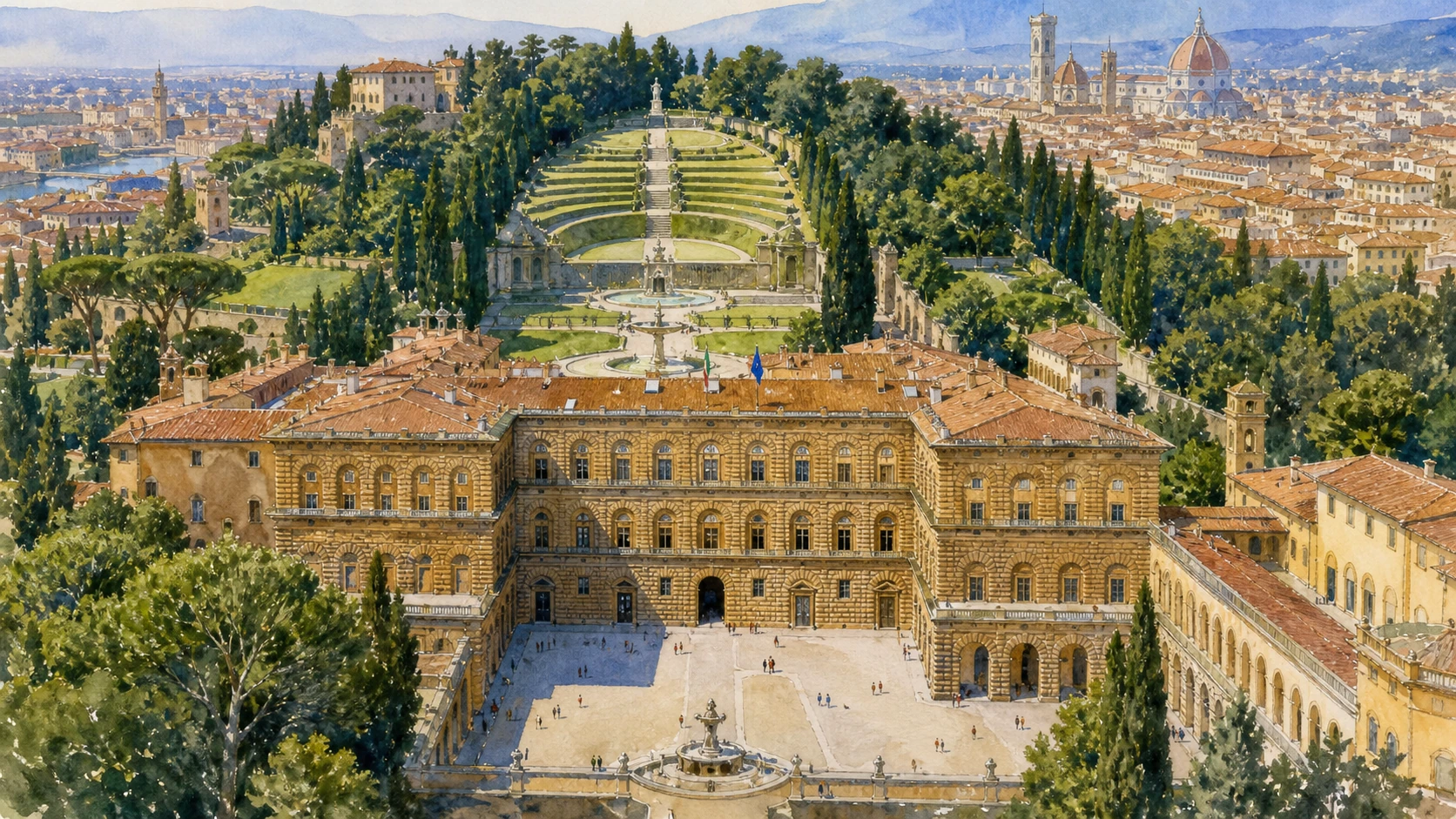 Original documentary watercolour panorama of Pitti Palace rising into the Boboli Gardens