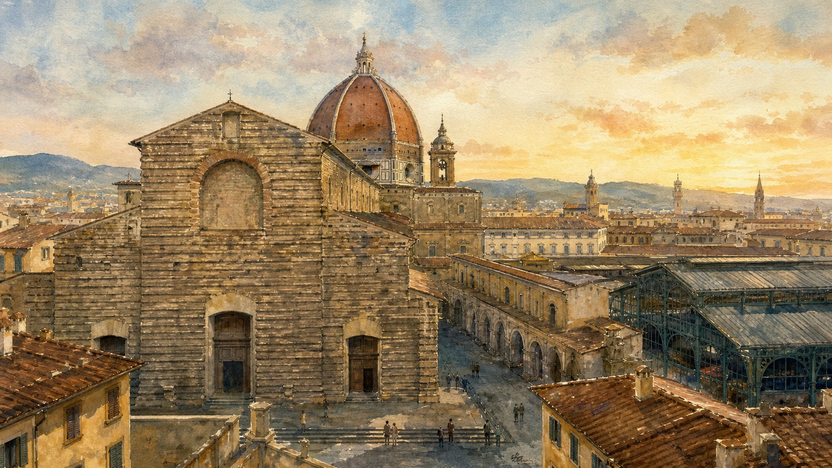 Original documentary watercolour panorama of San Lorenzo, the Medici Chapels and Mercato Centrale