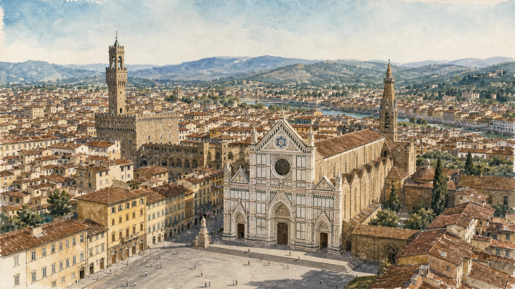 Original documentary watercolour panorama of Santa Croce, the Bargello tower and eastern Florence