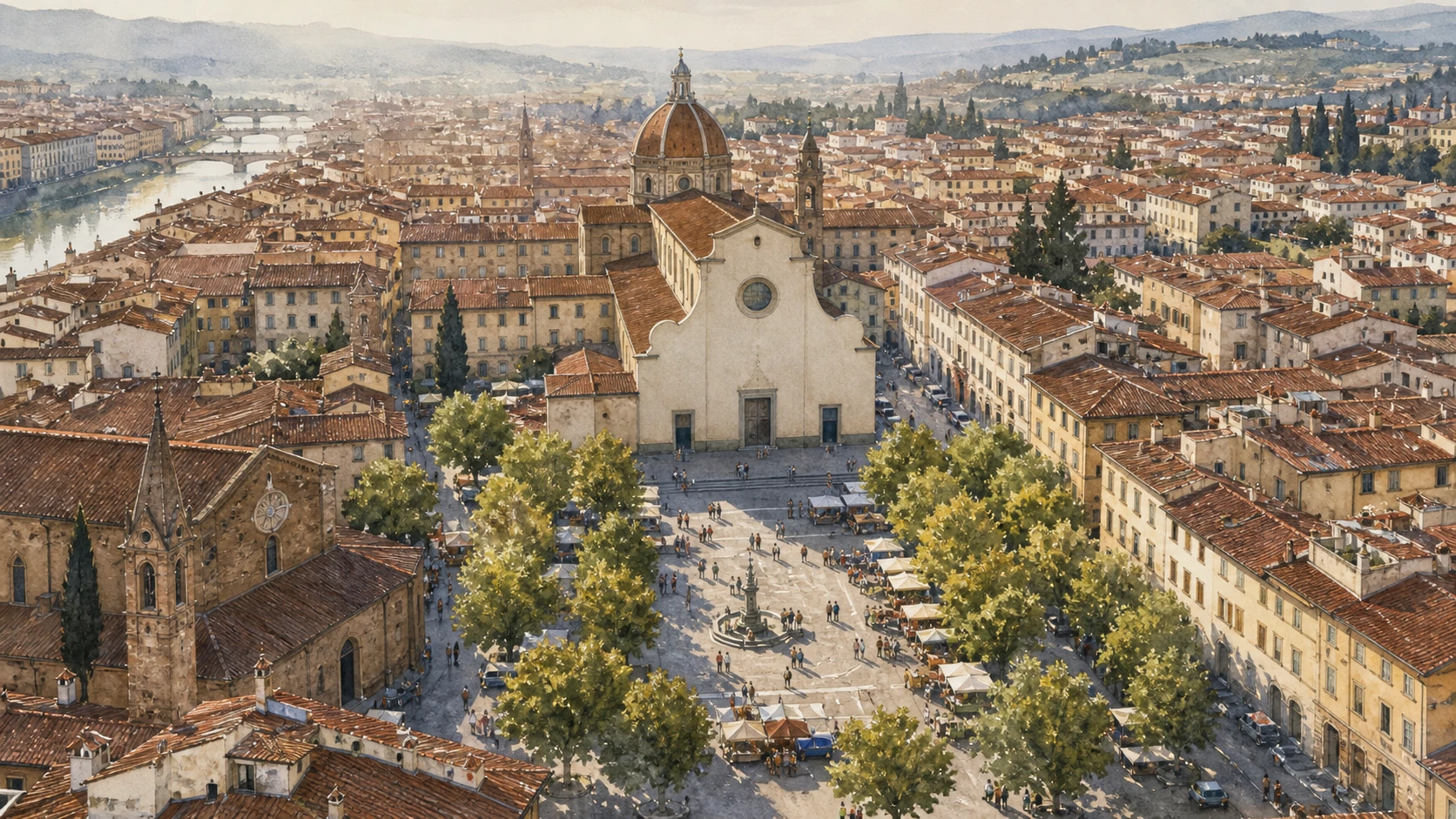 Original documentary watercolour panorama linking Santo Spirito, the Carmine and western Oltrarno
