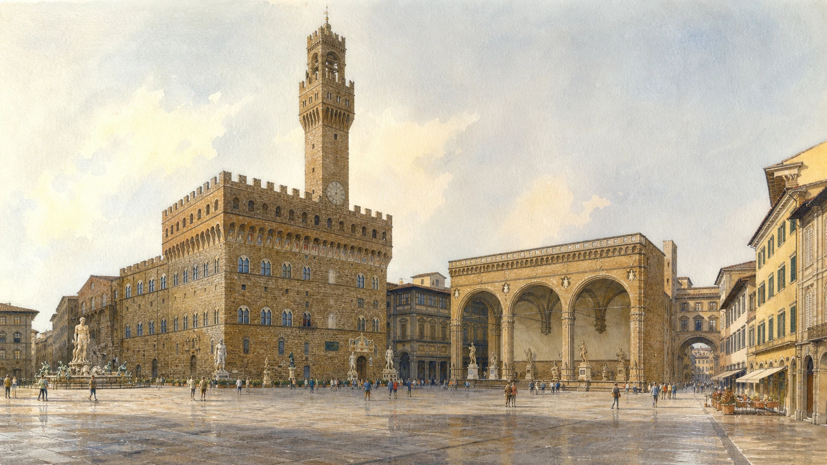 Original documentary watercolour panorama of Piazza della Signoria with Palazzo Vecchio, Loggia dei Lanzi and the Uffizi passage