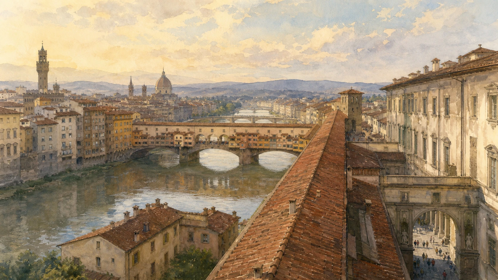Original documentary watercolour panorama of the Uffizi, Arno, Vasari Corridor and Ponte Vecchio