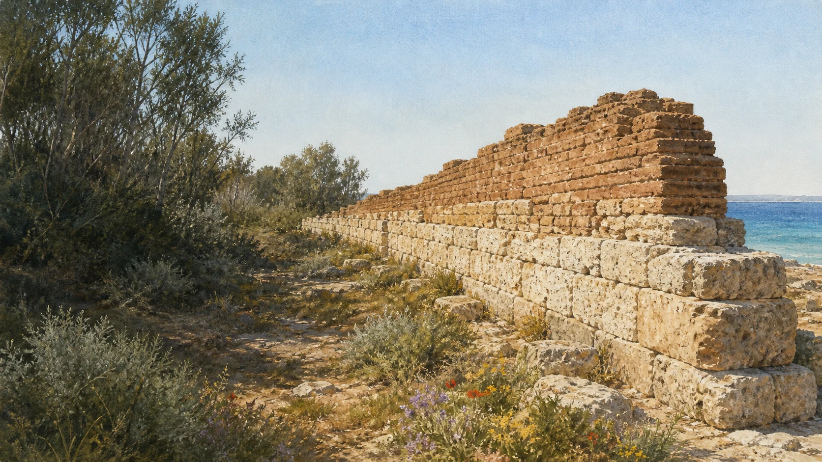 Documentary watercolour of Gela's Timoleontean mudbrick walls above coastal vegetation and the Mediterranean
