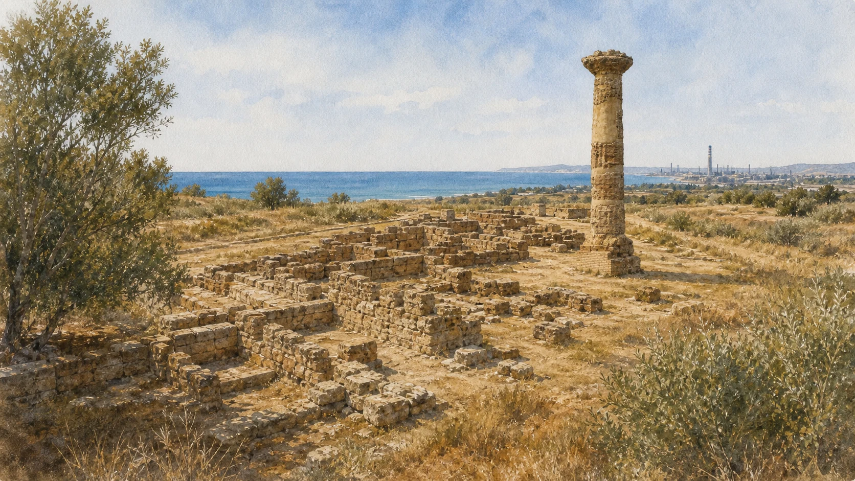 Documentary watercolour of Gela's Molino a Vento acropolis with one surviving ochre Doric column, low archaeological foundations and the gulf beyond