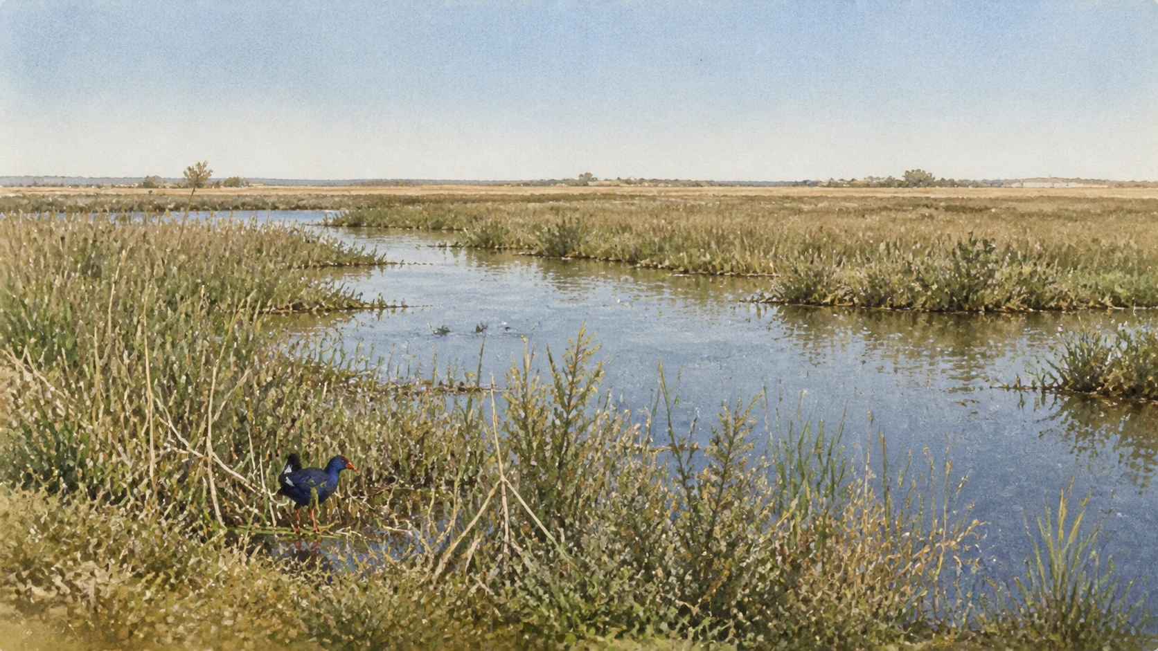 Documentary watercolour of the Biviere di Gela with reed-fringed shallow water, low Mediterranean vegetation and a purple swamphen moving through the wetland