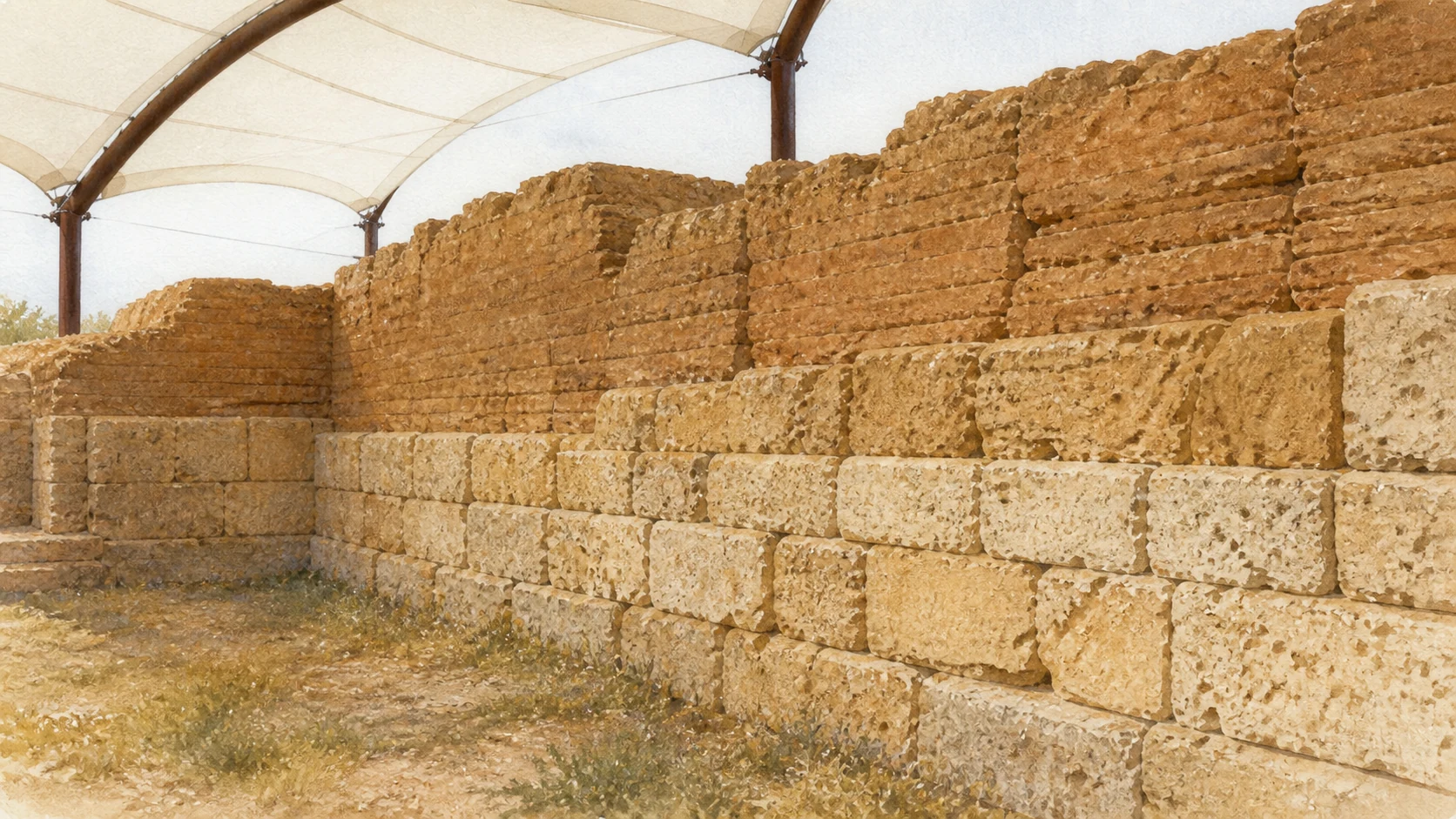 Documentary watercolour close view of Gela's Timoleontean fortification beneath its light protective canopy, showing pale stone courses below and weathered mudbrick above