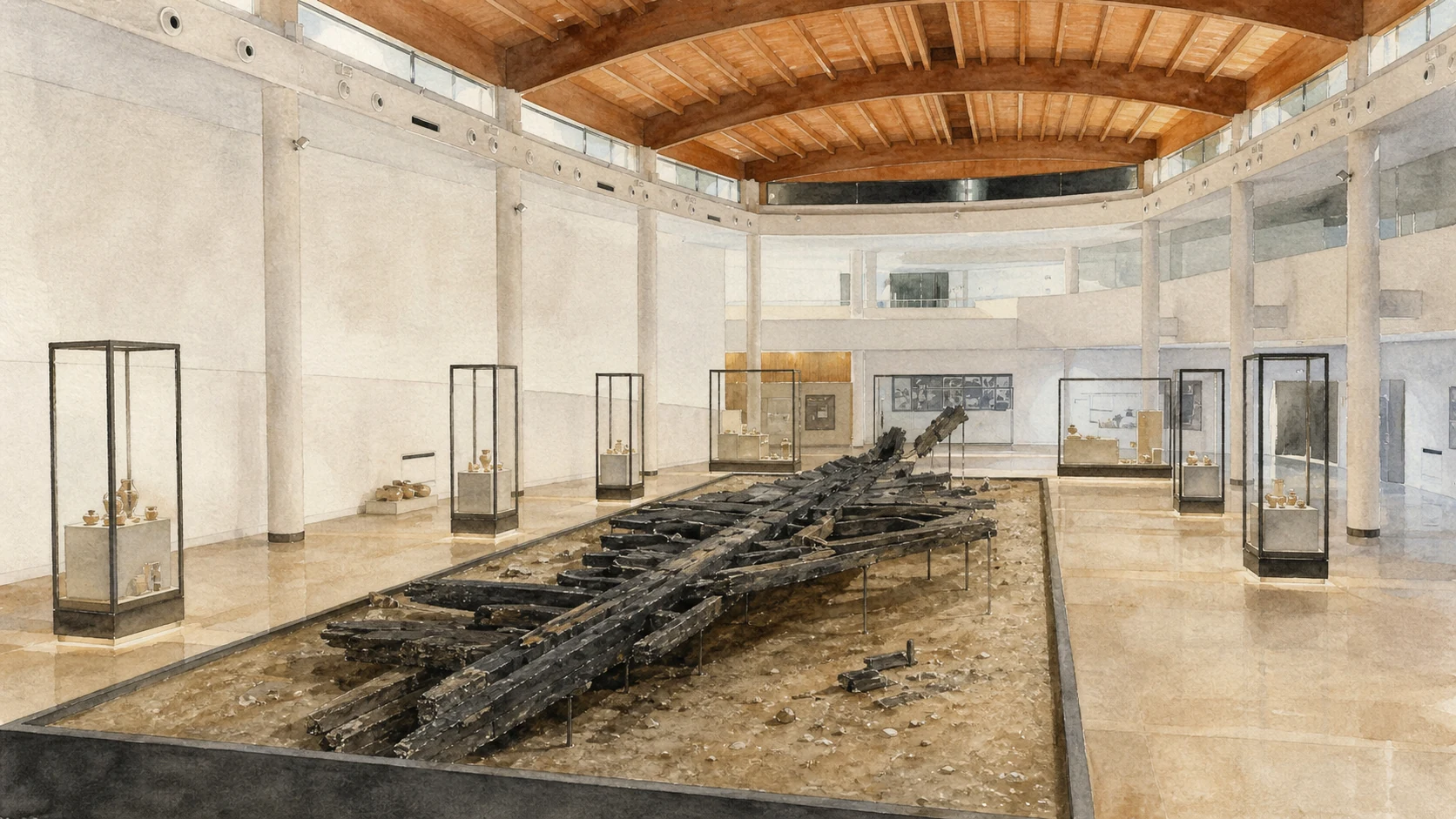 Documentary watercolour inside Gela's Museum of Greek Wrecks with conserved dark hull timbers displayed at floor level beneath a broad curved wooden ceiling