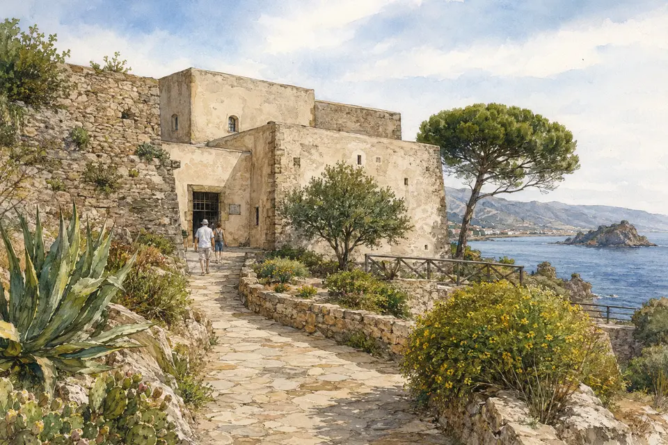 Watercolour exterior of the Archaeological Museum of Naxos in its coastal fort setting