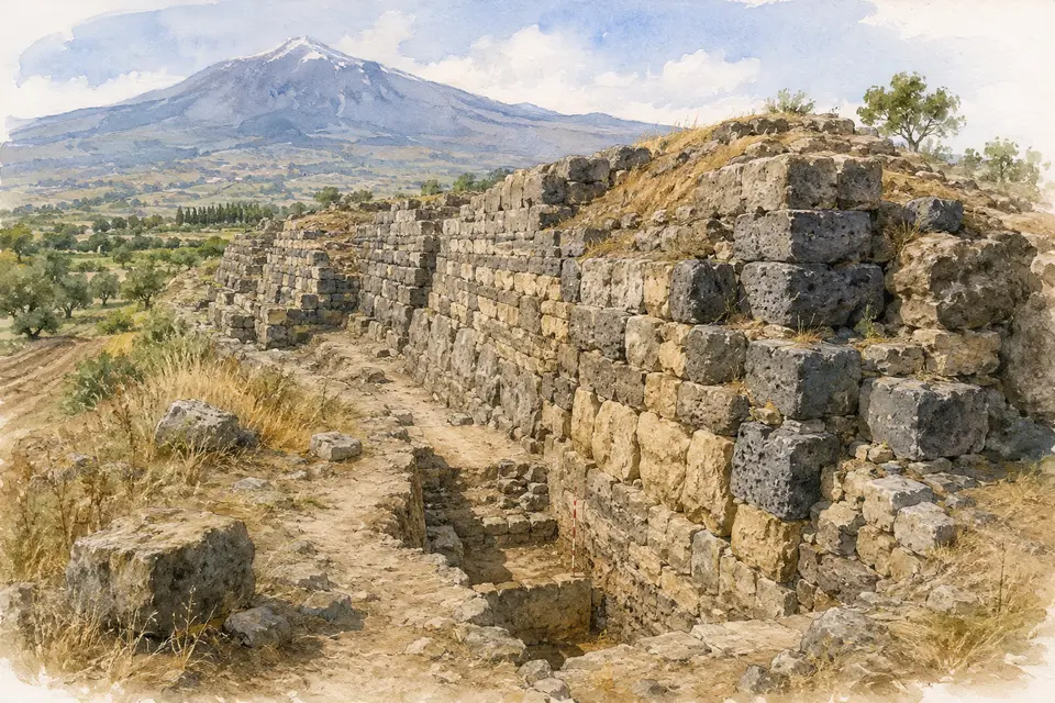 Watercolour view of the archaic fortification walls at Santa Venera