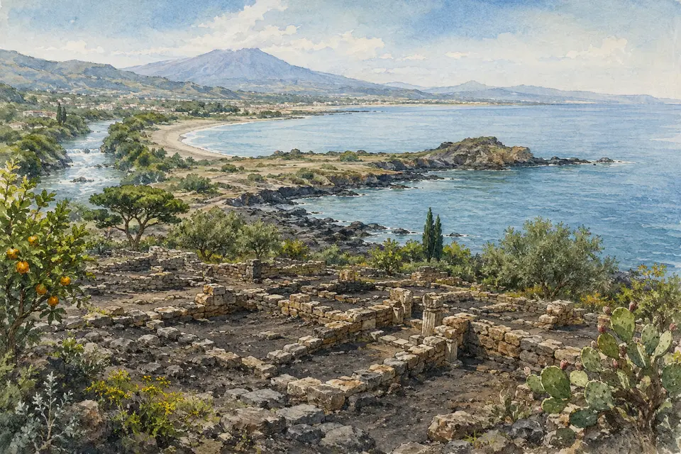 Watercolour view of Capo Schiso, the archaeological park and the Bay of Naxos