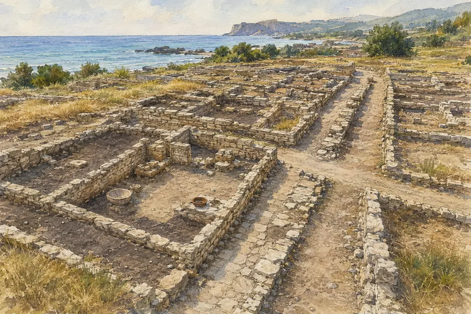 Watercolour view of the broad streets and narrow cross-streets of the Classical grid at Naxos