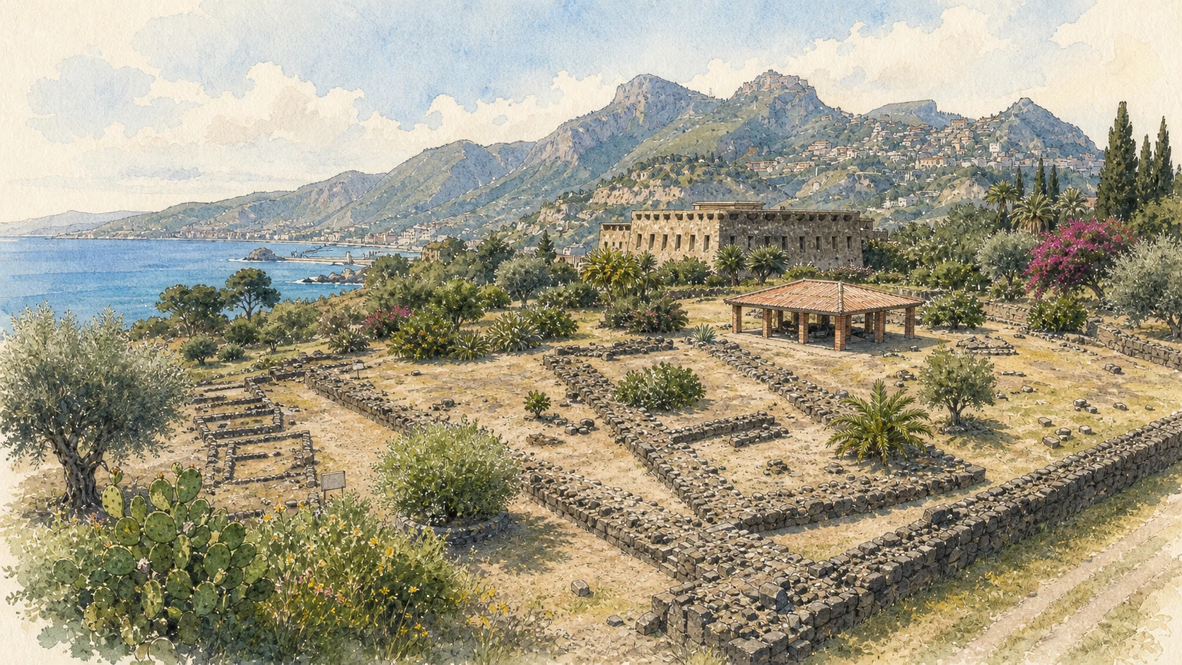 Documentary watercolour of the archaeological park of ancient Naxos on Capo Schisò, with lava-stone walls, the museum, the Ionian bay and the heights of Taormina beyond