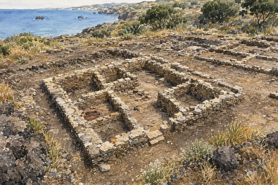Watercolour view of House 5 and the first domestic foundations at ancient Naxos