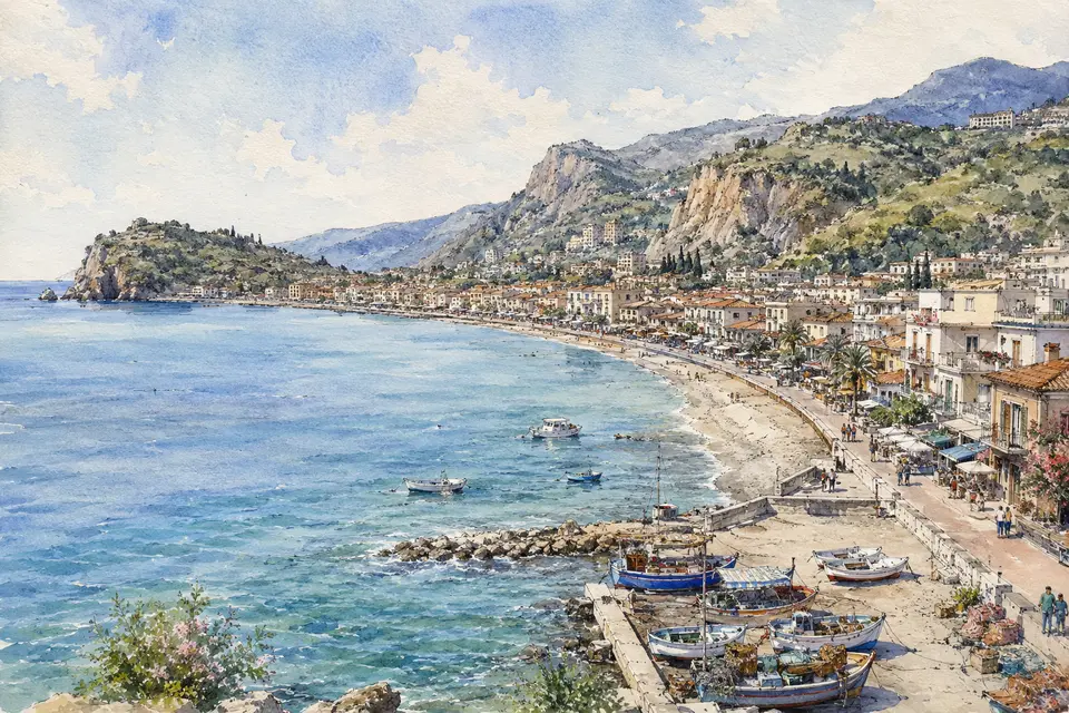 Watercolour panorama of the modern Giardini Naxos waterfront and its curved bay