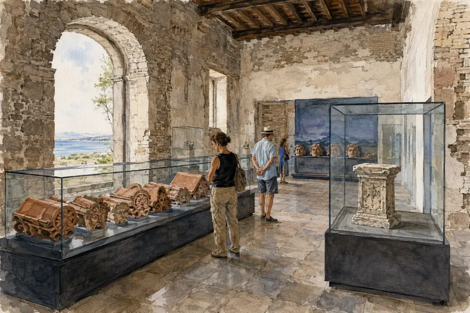 Watercolour interior of the Naxos museum with architectural terracottas and the arula in context