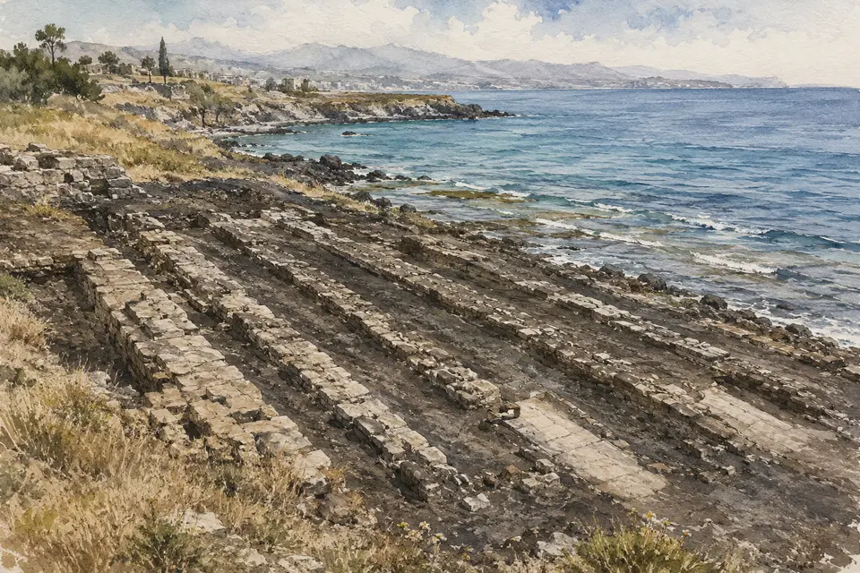 Watercolour view of the parallel excavated shipshed foundations beside the ancient shoreline