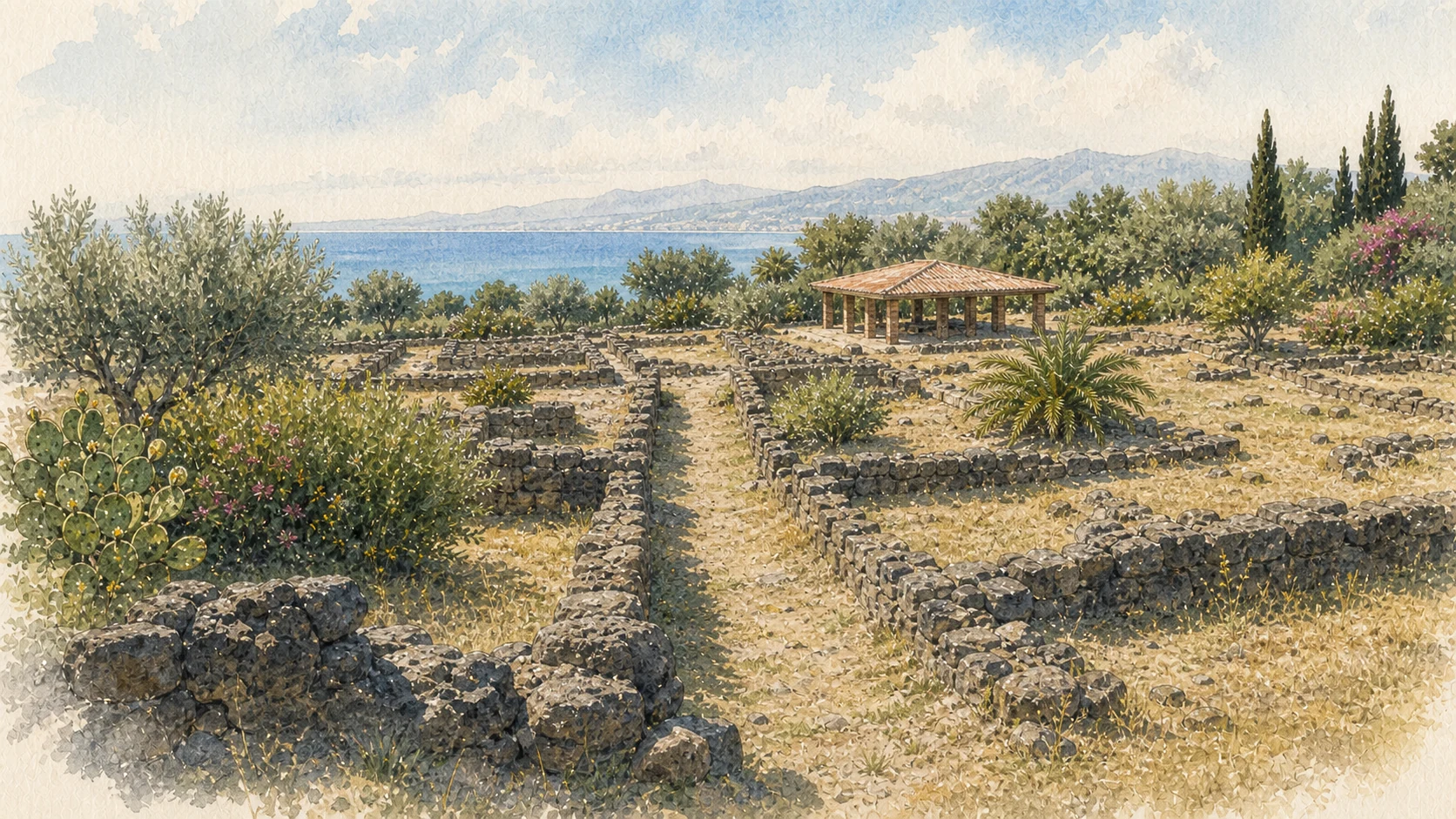 Documentary watercolour of ancient Naxos with low black lava-stone house plots, a straight lane, the south-west sanctuary pavilion and the Ionian coast