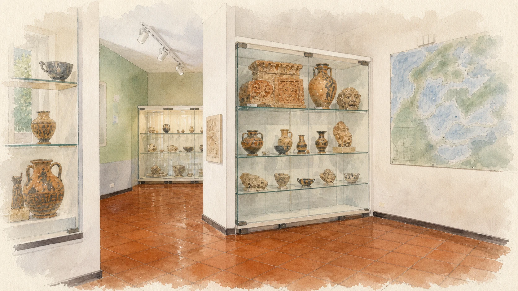 Documentary watercolour inside the Archaeological Museum of Naxos with glass cases of archaic ceramics, architectural terracottas and Silenus-mask fragments