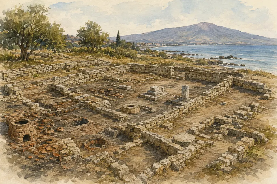 Watercolour view of the excavated South-Western Sanctuary at ancient Naxos