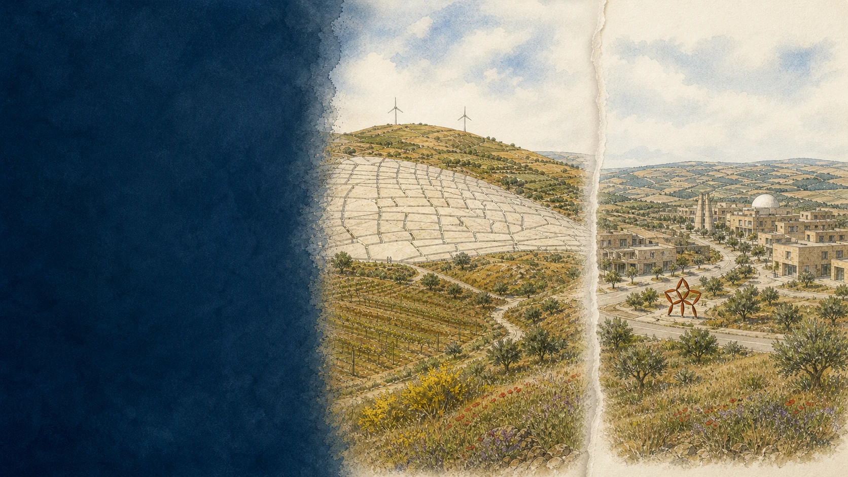 Documentary spring watercolour atlas of the Grande Cretto, Gibellina Nuova and the agricultural hills of the Belìce