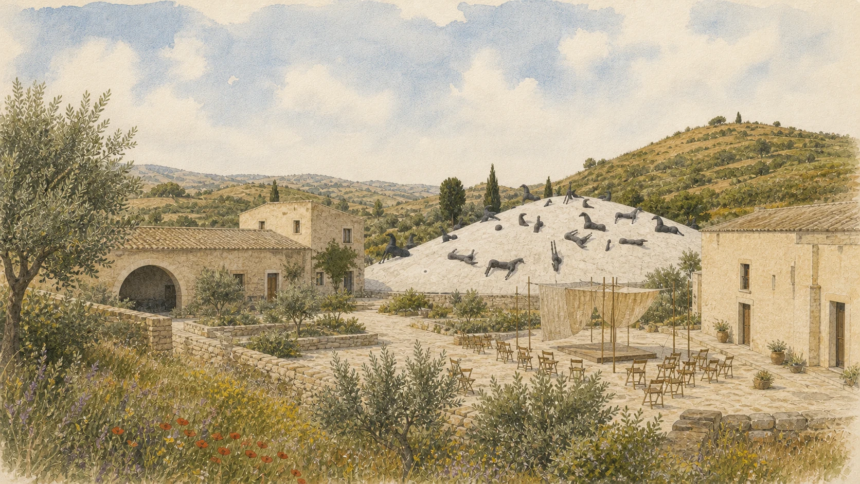 Documentary watercolour of Baglio Di Stefano and Paladino's Montagna di Sale with a modest open-air performance setting