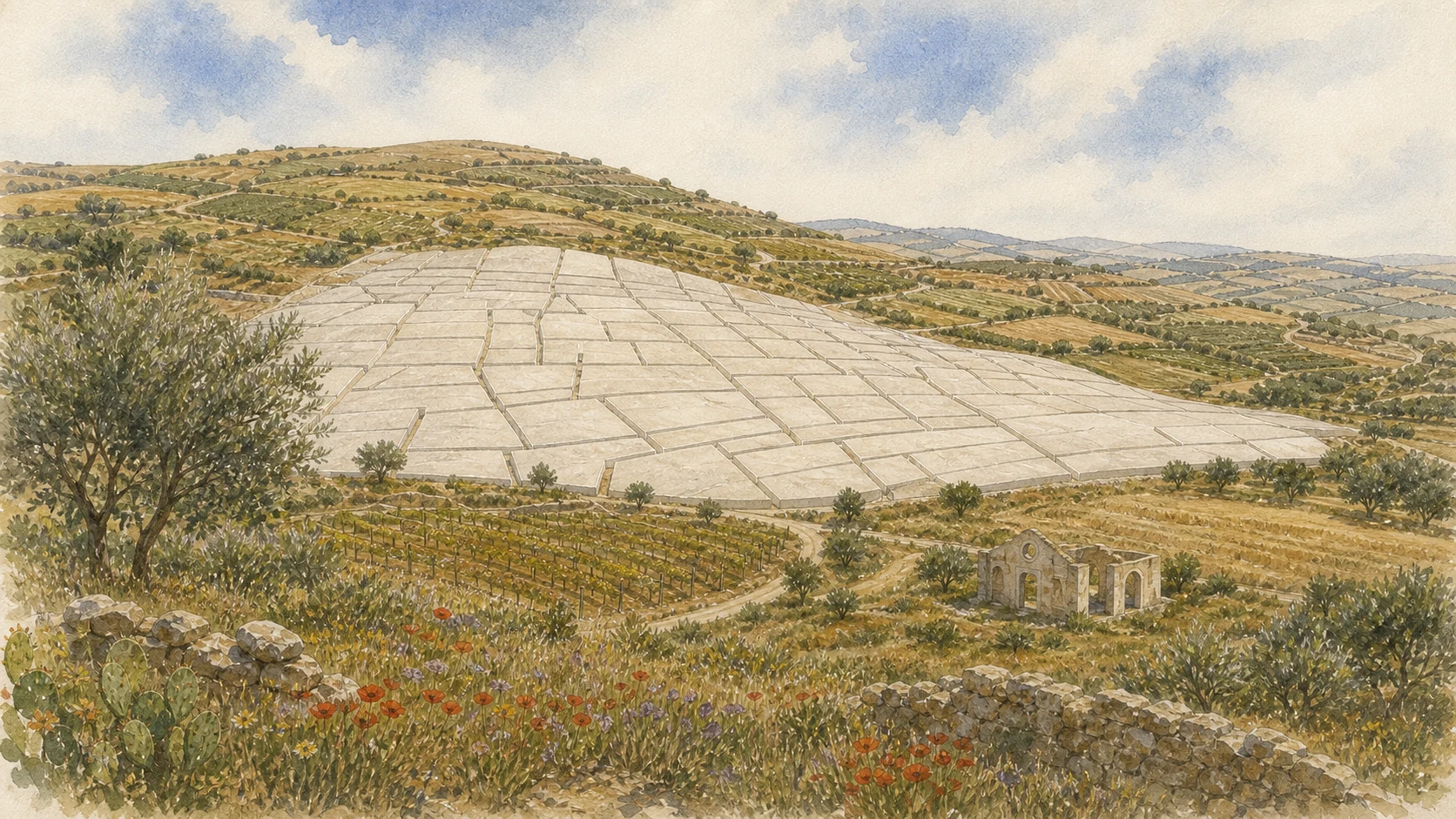 Documentary watercolour of the Grande Cretto covering the sloping site of Gibellina Vecchia, with vines, olive trees and small ruins