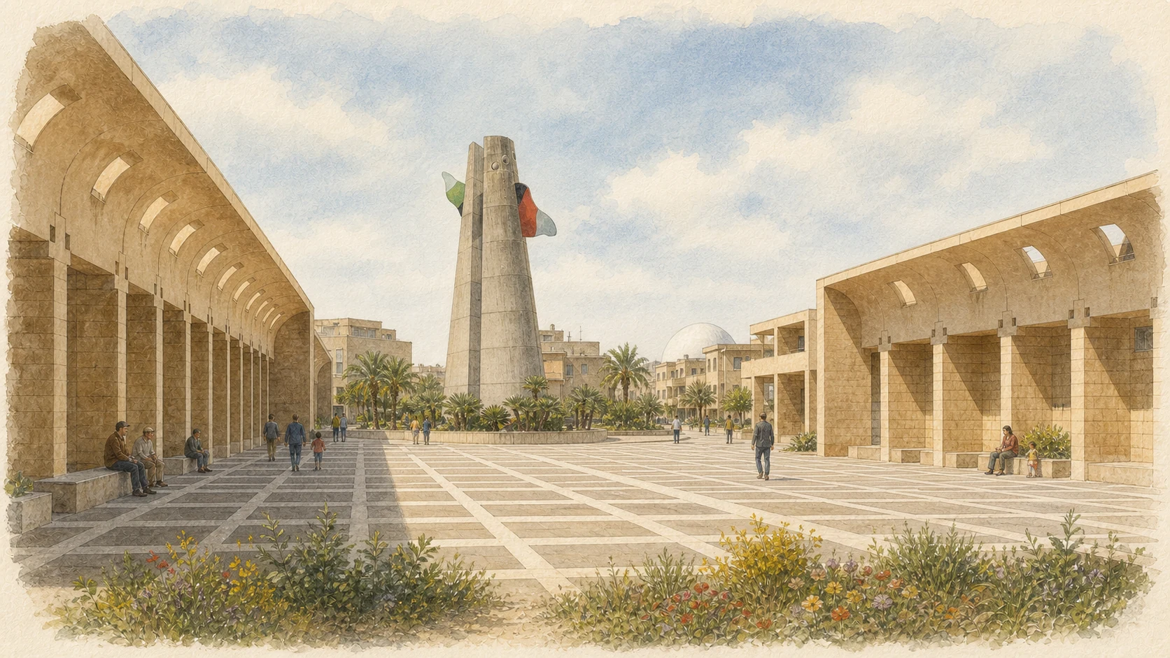 Documentary watercolour of Gibellina Nuova's System of Squares, Civic Tower, residents and distant spherical Mother Church