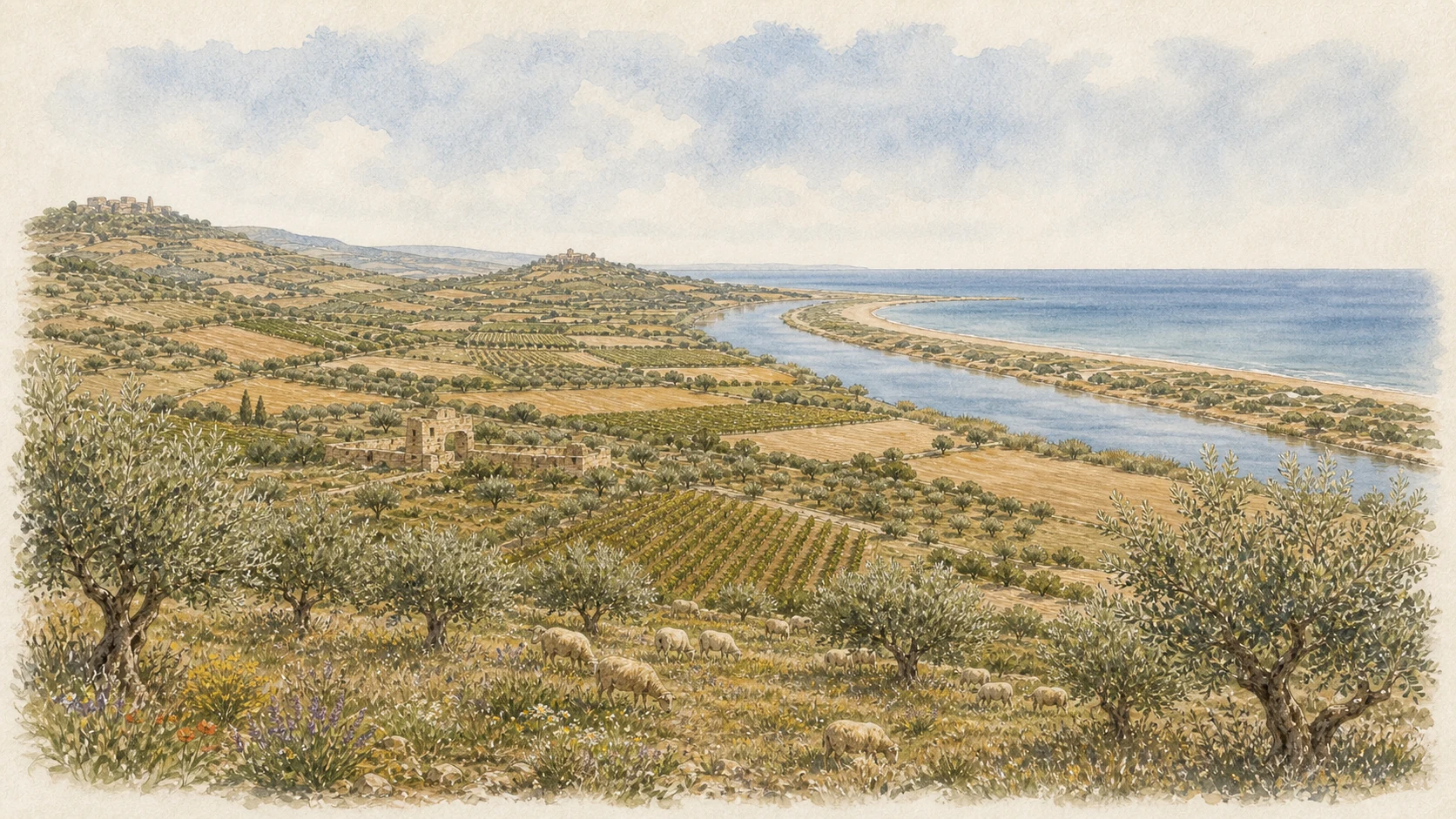 Documentary watercolour of the working Belìce valley descending through olive groves, vineyards and pasture to the river mouth and dunes