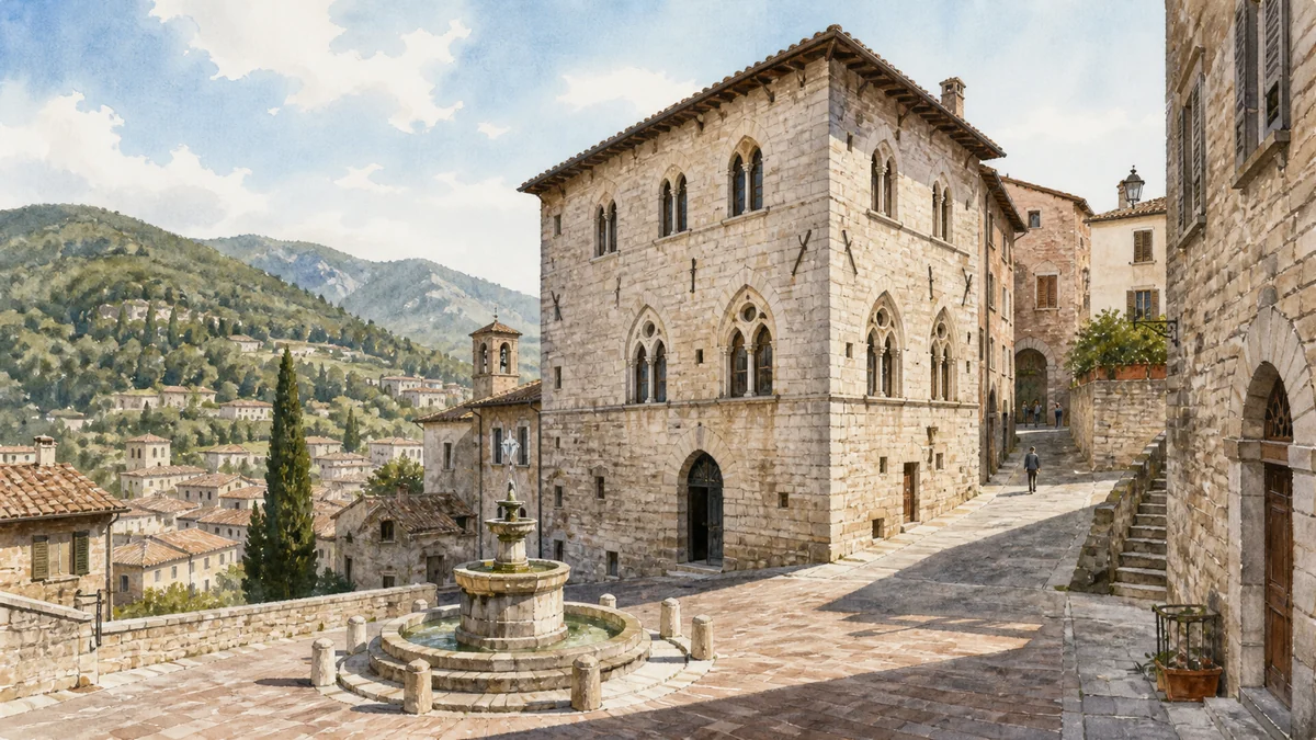Original documentary watercolour of Palazzo del Bargello and the Fountain of the Mad on a steep Gubbio street