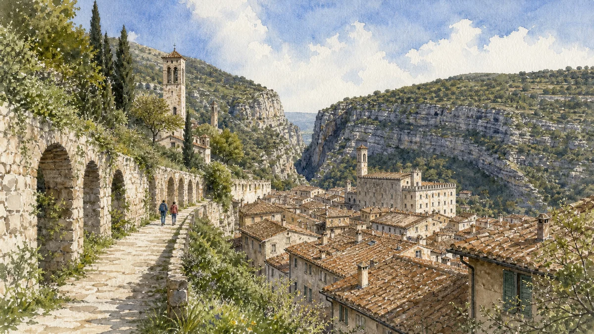 Original documentary watercolour of Gubbio's medieval aqueduct crossing the Bottaccione Gorge