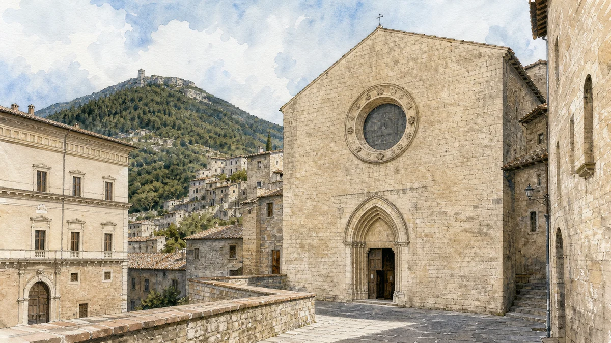 Original documentary watercolour of Gubbio Cathedral with its circular window in the upper-city streets