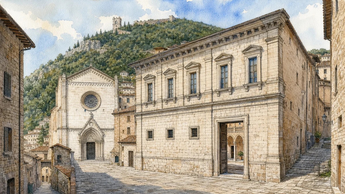 Original documentary watercolour of the Ducal Palace opposite Gubbio Cathedral with a glimpse of its courtyard